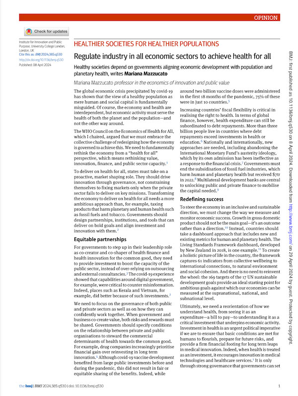 Regulate industry in all economic sectors to achieve health for all